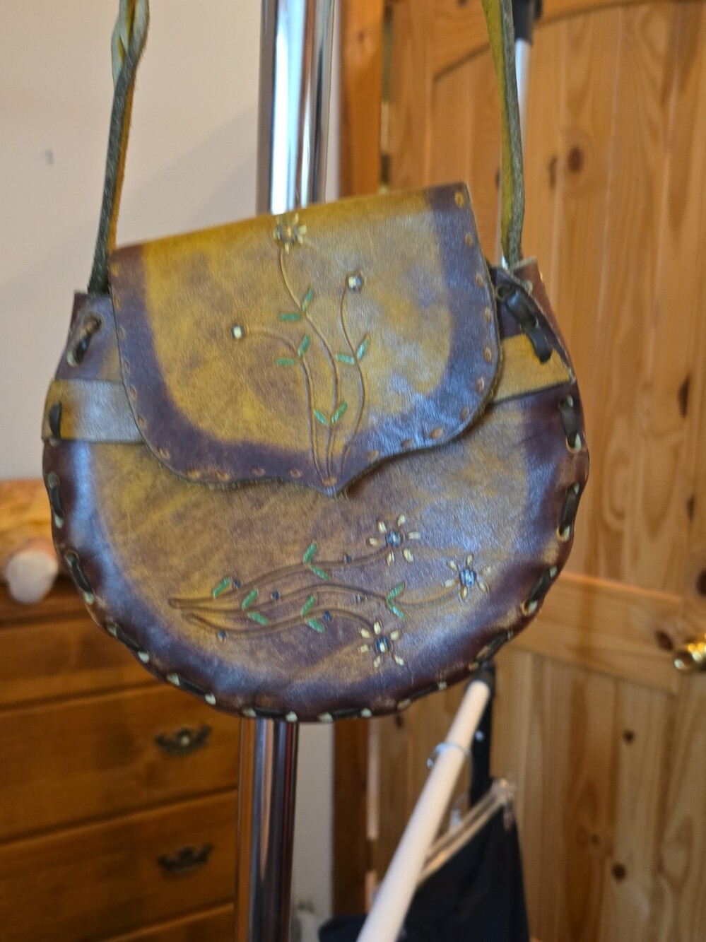 Dated 1977 Vintage Mexican Hand Tooled Leather Saddle Bag - Painted Boho Flower